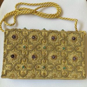 Vintage ca 1940’s Zardozi Zari Gold wire amethyst & jade Embroidery Clutch Bag